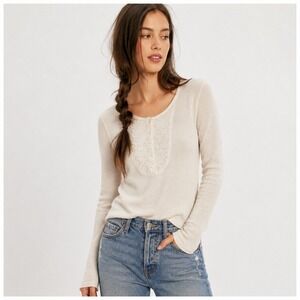 Lucky Brand Boho Floral Embroidered Henley Waffle Knit Top Womens S Cottage